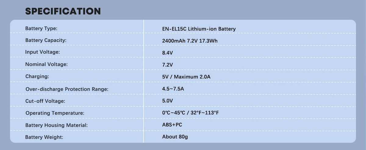 ថ្ម Viltrox TEN-EL15C រួមបញ្ចូលរន្ធសាក Type-C សម្រាប់កាមេរ៉ា Nikon