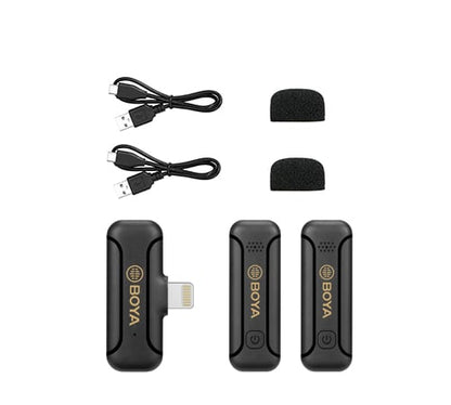 BOYA BY-WM3T2-D2 - ម៉ៃក្រូហ្វូនឥតខ្សែ Mini 2.4GHz សម្រាប់ថតសំឡេងជាមួយទូរស័ព្ទ iPhone (Lightning)