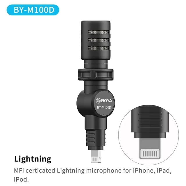 BOYA BY-M100D រន្ធ Lightning – ម៉ៃក្រូហ្វូនសម្រាប់ថតសំឡេងភ្ជាប់ទៅ iPhone (Lightning)