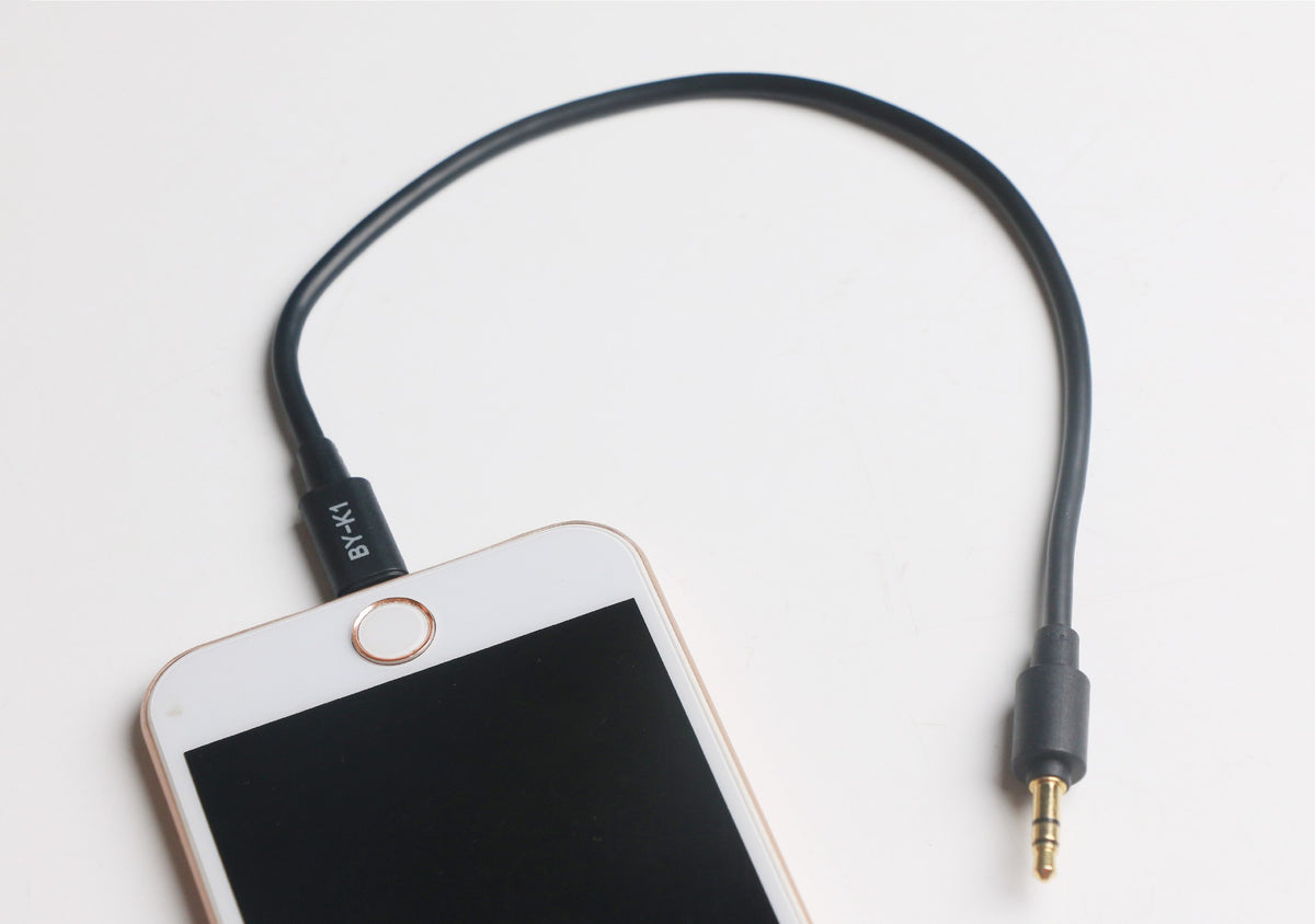 BY-K1 connection cable. From 3.5mm Jack to Lightning Port (3.5mm Male TRRS to Male lightning adapter cable)