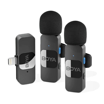 Boya BY-V2 មីក្រូហ្វូនឥតខ្សែល្អបំផុតសម្រាប់ថតសម្លេងសម្រាប់ iPhone Lightning (កំណែភ្លោះ)