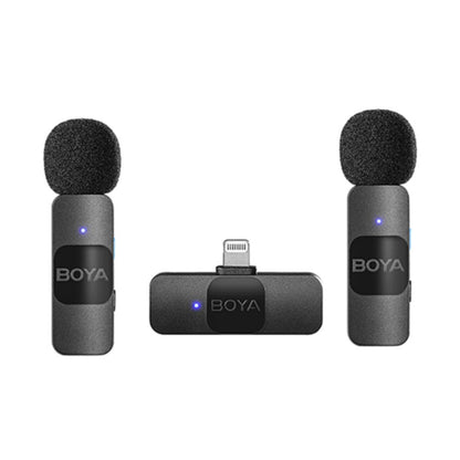 Boya BY-V2 មីក្រូហ្វូនឥតខ្សែល្អបំផុតសម្រាប់ថតសម្លេងសម្រាប់ iPhone Lightning (កំណែភ្លោះ)
