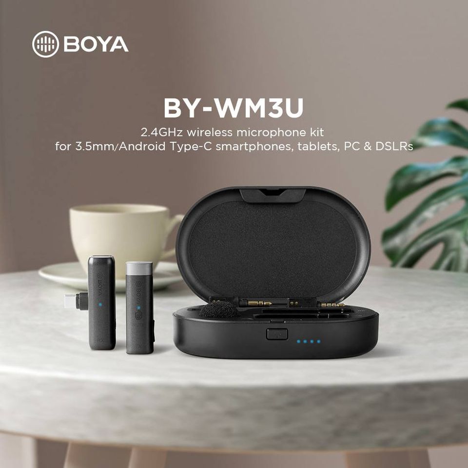 Boya BY-WM3U – ម៉ៃក្រូហ្វូនឥតខ្សែសម្រាប់ថតសំឡេងជាមួយទូរស័ព្ទ Android, កាមេរ៉ា (2.4 GHz)