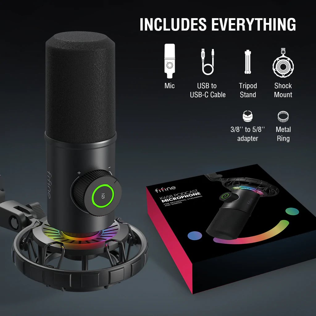 FIFINE K658 RGB - មីក្រូហ្វូនថតសំឡេងសម្រាប់ Stream, Podcasting សម្រាប់កុំព្យូទ័រ/PC