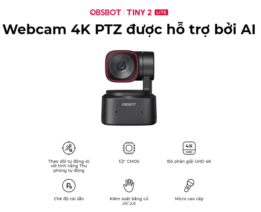 OBSBOT Tiny 2 Lite 4K AI PTZ Webcam with Beauty & Subject Tracking Function