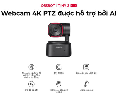 OBSBOT Tiny 2 Lite 4K AI PTZ Webcam with Beauty & Subject Tracking Function